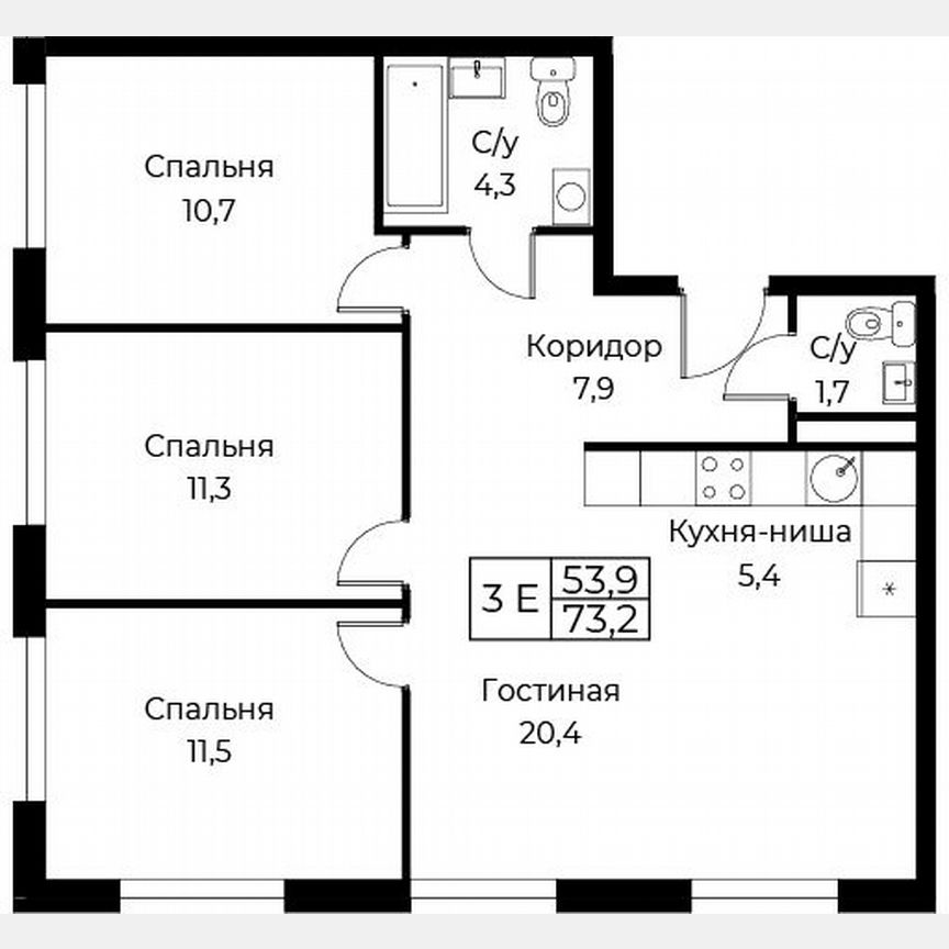 3-к. апартаменты, 73,2 м², 21/30 эт.