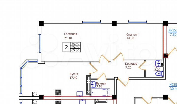 2-к. квартира, 65,3 м², 7/8 эт.