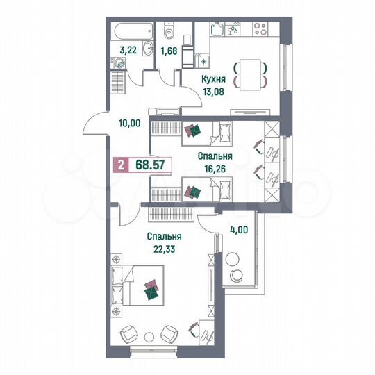 2-к. квартира, 68,6 м², 4/14 эт.