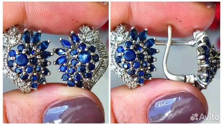Серьги сапфиры Шри-Ланка, 2,18ct, 7,43гр 925