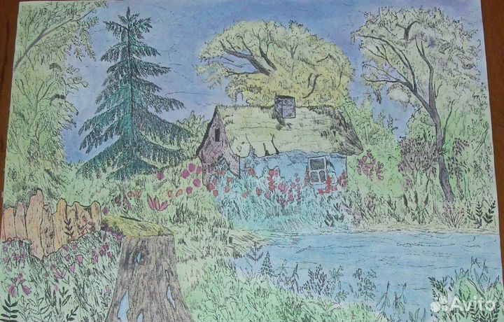 Рисунок пейзаж Дом в лесу подарок картина сувенир