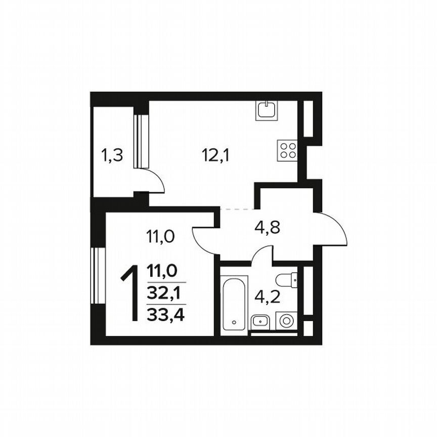 1-к. квартира, 33,4 м², 5/9 эт.