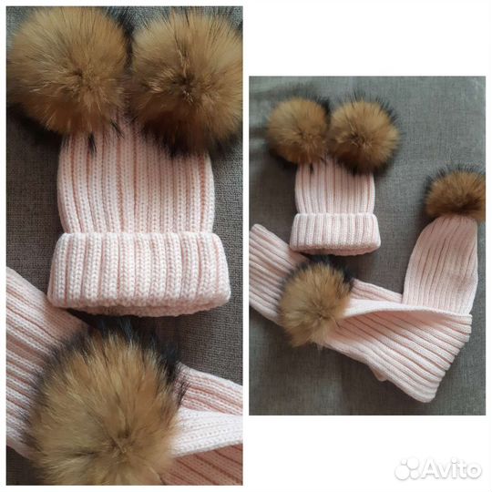 Шапка и шарф с натуральным помпоном для девочки