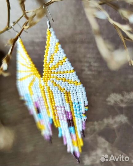 Длинные серьги из бисера в этническом стиле Солнце