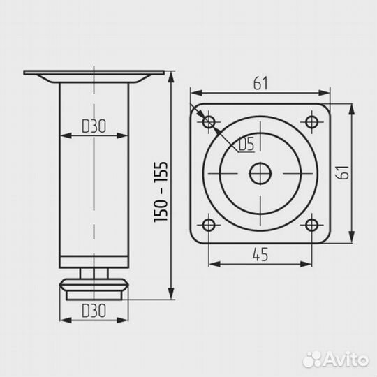 Ножка регулируемая для мебели d 30 h 150