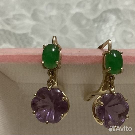 Серьги, желтое золото 585, аметисты, хризопразы