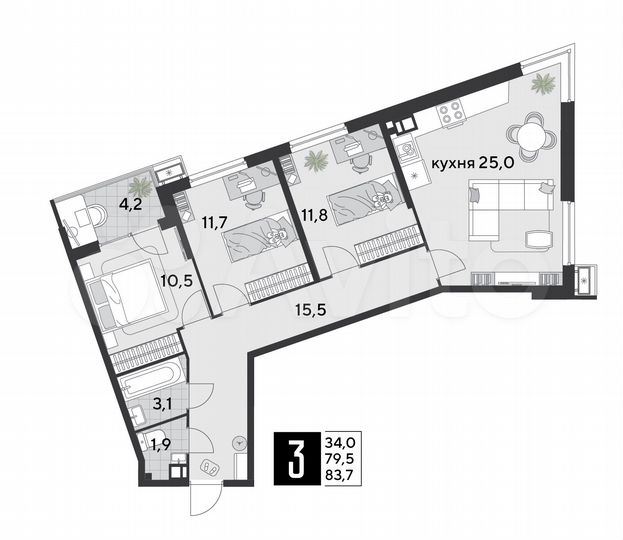 3-к. квартира, 83,7 м², 3/18 эт.