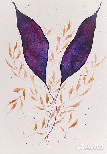 Открытка акварель листья золото