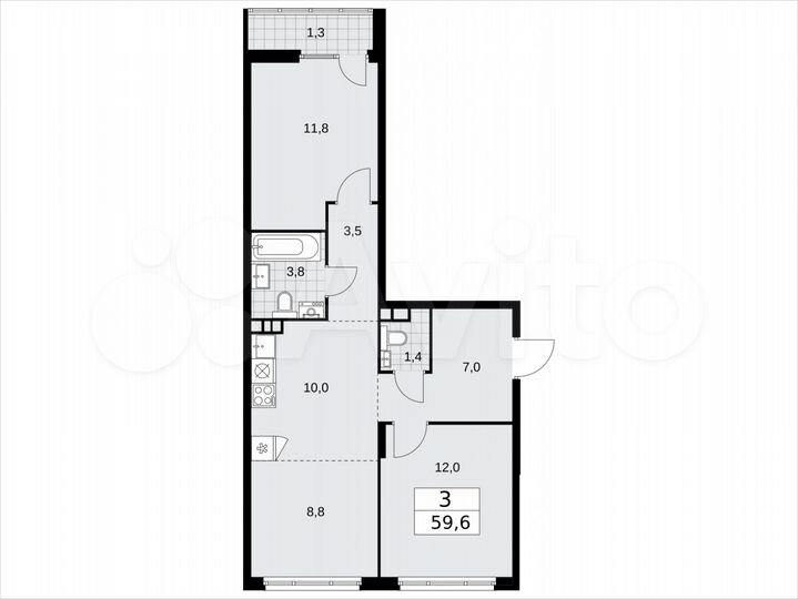 3-к. квартира, 59,6 м², 8/15 эт.