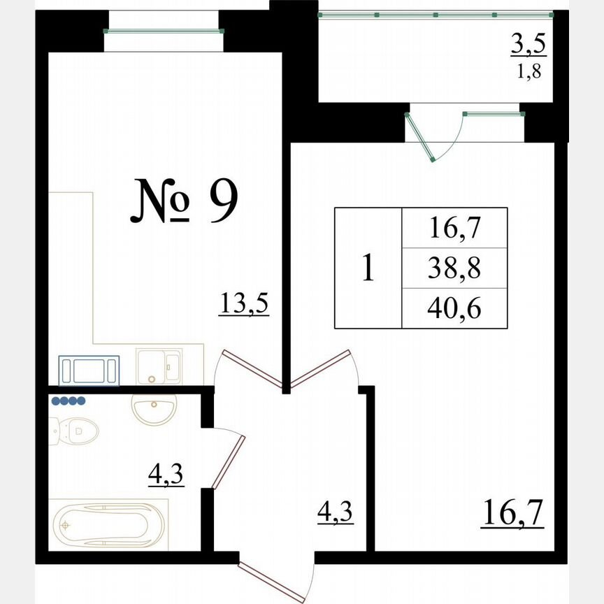 1-к. квартира, 40,6 м², 2/8 эт.