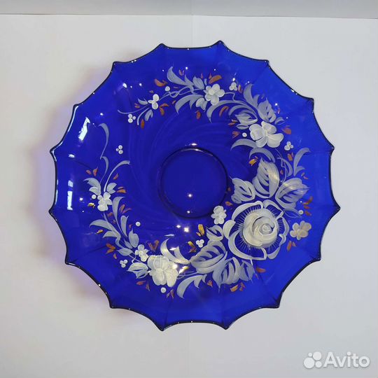 Блюдо синее стекло для фруктов столовое