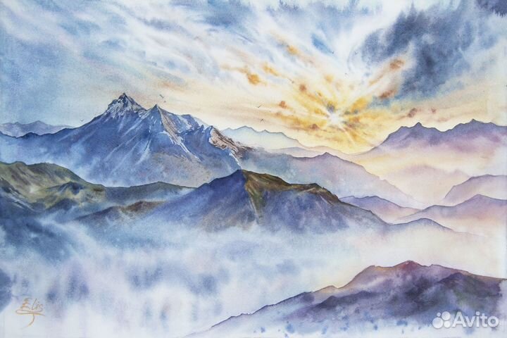 Картина акварелью горы 