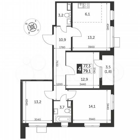 4-к. квартира, 78,8 м², 22/25 эт.