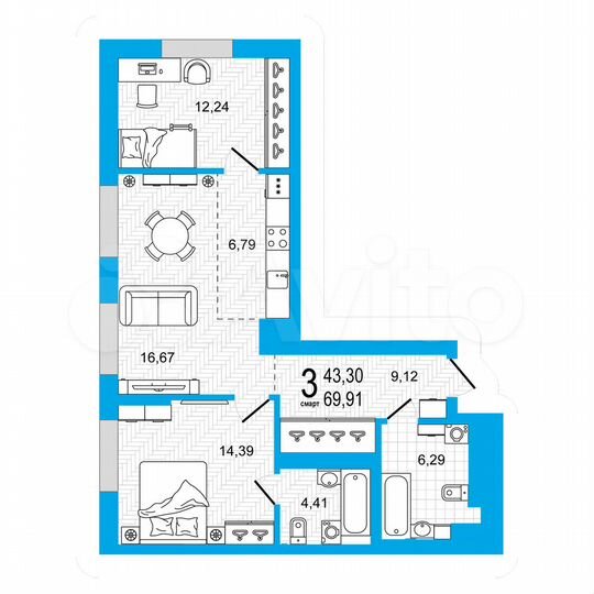 2-к. квартира, 69,9 м², 10/27 эт.