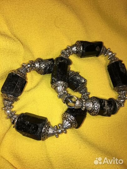 Браслет, бусы, подвеска, черный турмалин (шерл)