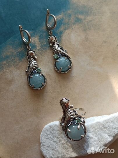 Серебряный комплект с аквамарином 