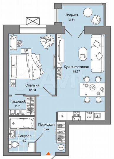 2-к. квартира, 47 м², 2/6 эт.