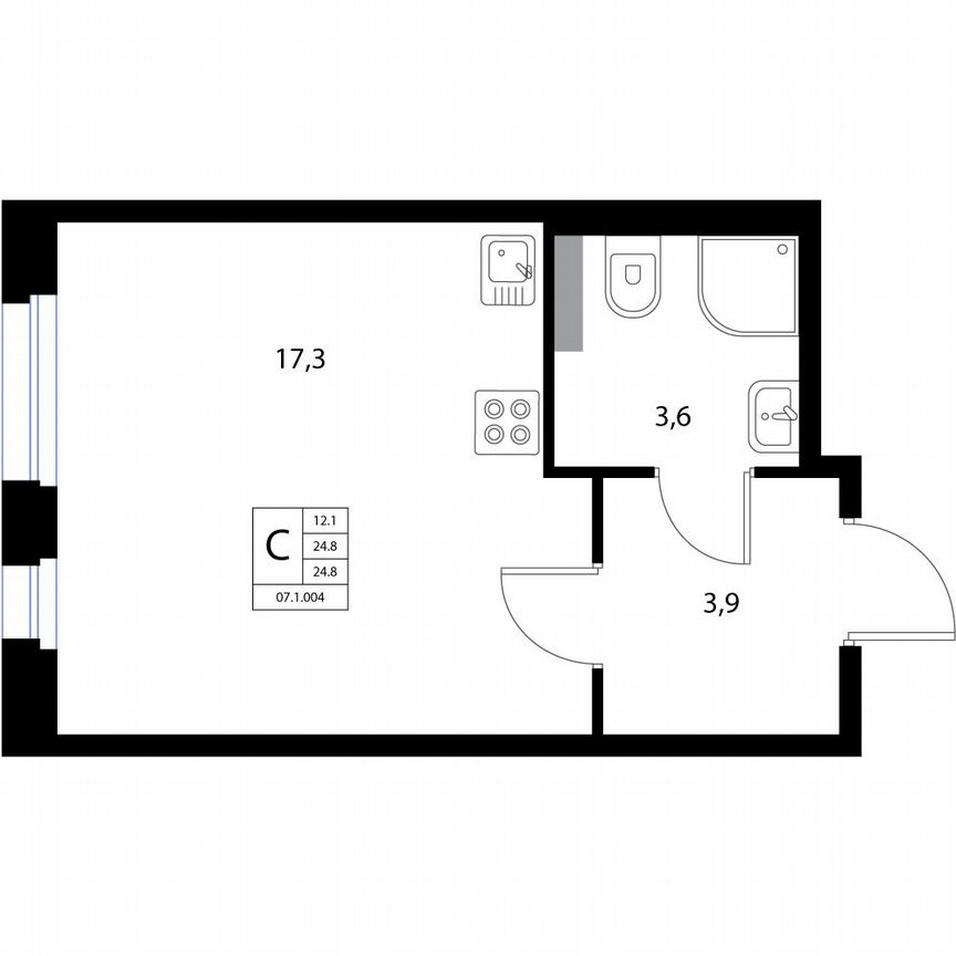Квартира-студия, 24,8 м², 1/3 эт.