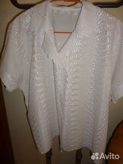 Блузка летняя белая большого размера, шитье р 62