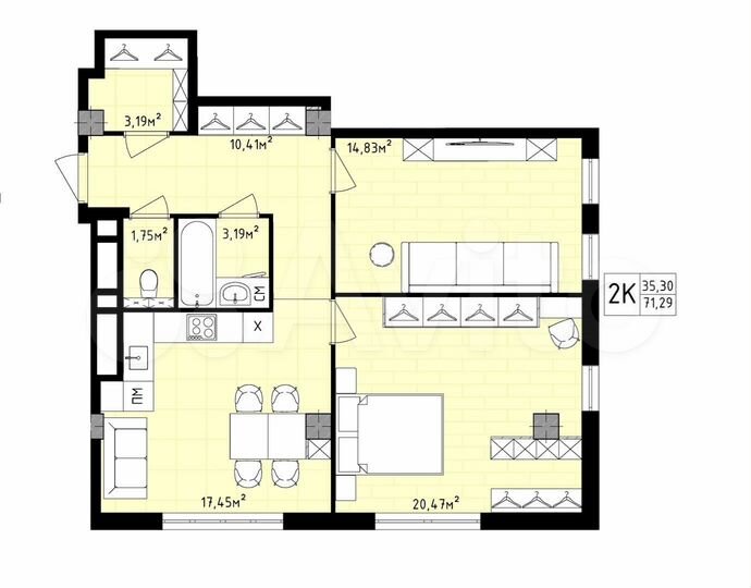 2-к. квартира, 71,3 м², 13/16 эт.