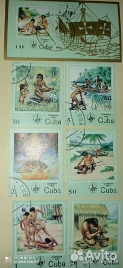 Марки серия+ блок Куба история индейцев