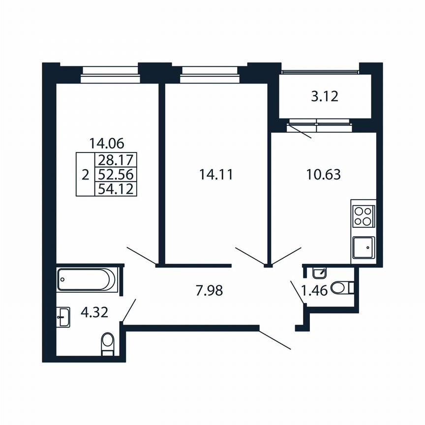 2-к. квартира, 55,7 м², 3/12 эт.