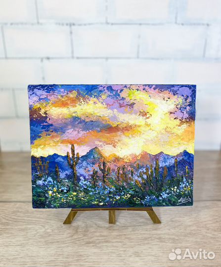 Картина пустыня кактусы Горный пейзаж Этюд закат