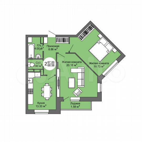 2-к. квартира, 68,6 м², 2/17 эт.