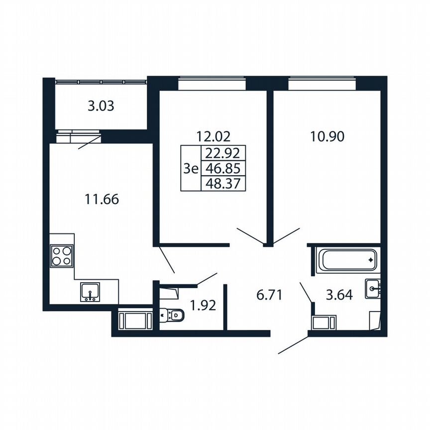 2-к. квартира, 46,1 м², 4/12 эт.