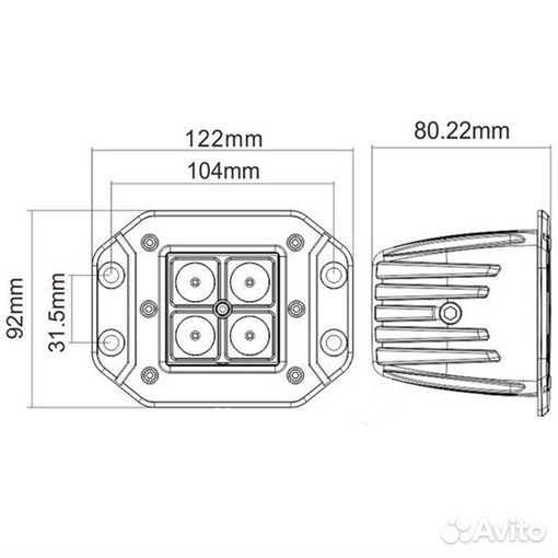 Врезная светодиодная фара 16W Ближний свет 12/24v