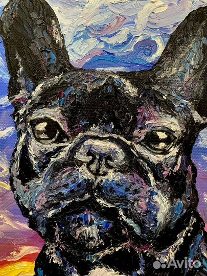 Картина маслом собака Французский бульдог черный