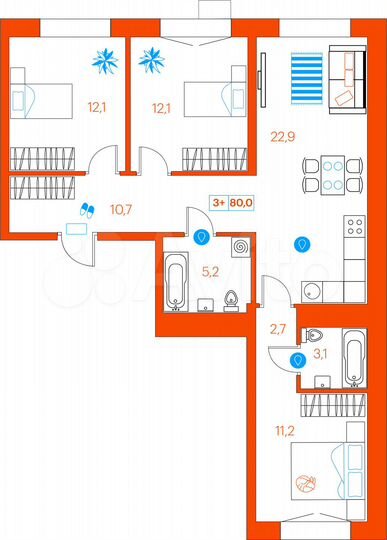 3-к. квартира, 80 м², 6/21 эт.