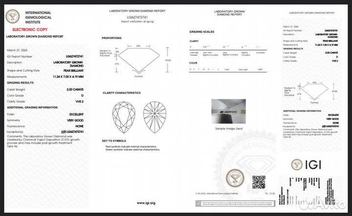 Бриллиант CVD синяя груша 2.00 карат D/VVS2 гарантия подлинности