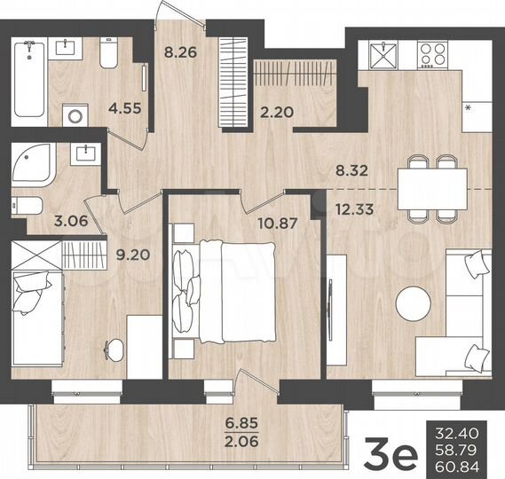 3-к. квартира, 60,8 м², 16/24 эт.