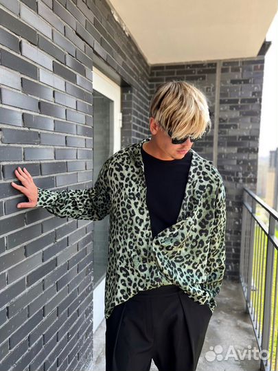 Рубашка дизайнерская оверсайз леопард зеленый