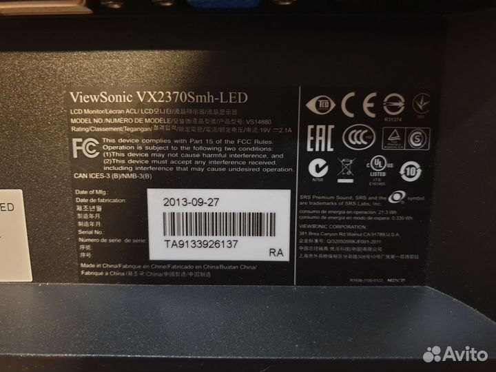 Монитор ViewsonicVX2370Smh-LED,1920x1080,76Гц