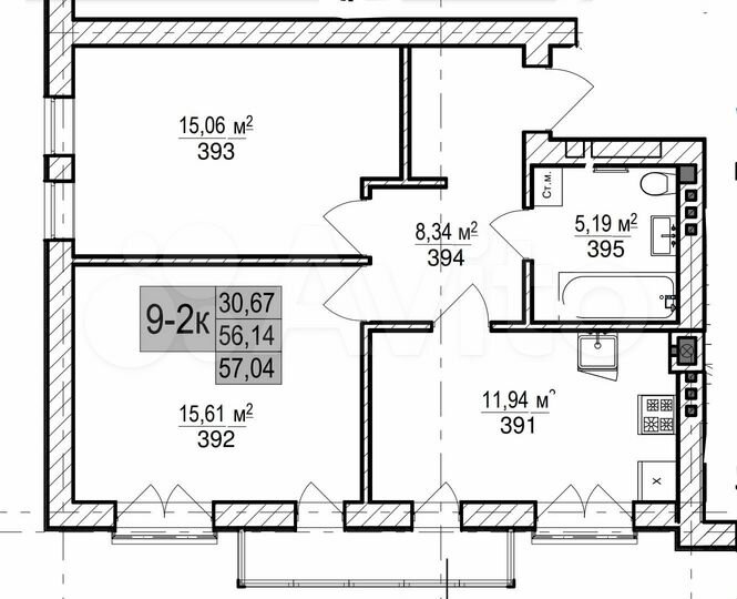 2-к. квартира, 57 м², 3/5 эт.
