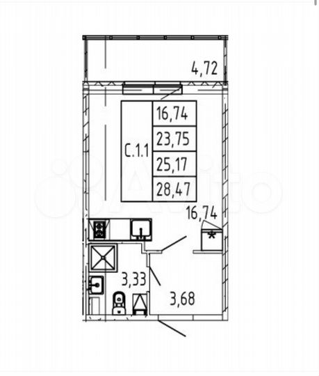 Квартира-студия, 28,2 м², 4/12 эт.