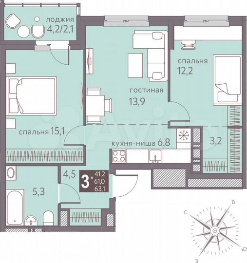3-к. квартира, 63,1 м², 5/16 эт.