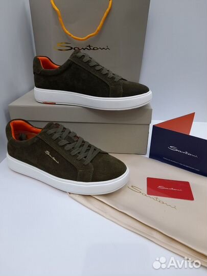 Кеды Santoni мужские хаки зеленые замшевые