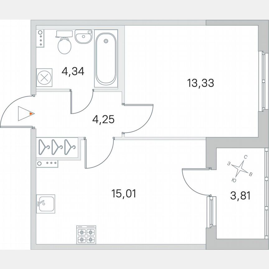 1-к. квартира, 38,8 м², 1/4 эт.