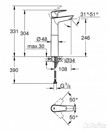 Смеситель для раковины высокий grohe BauEdge New с