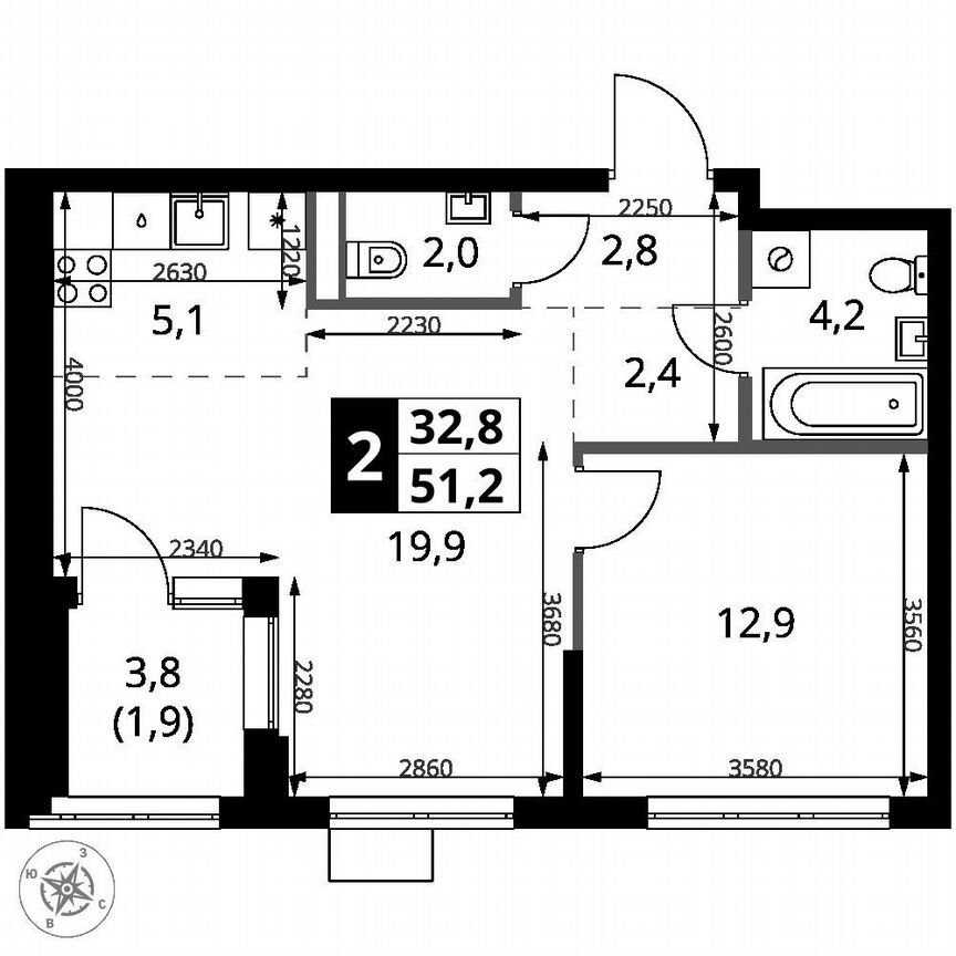 1-к. квартира, 51,2 м², 12/18 эт.