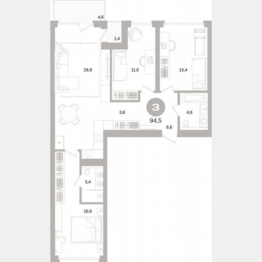 3-к. квартира, 94 м², 4/16 эт.