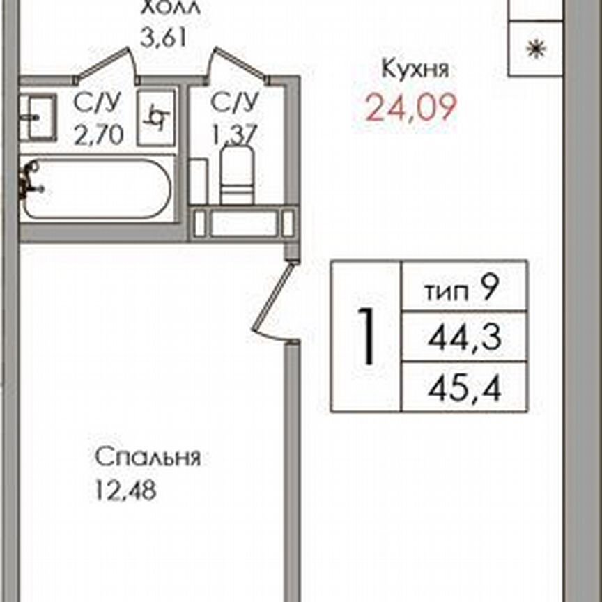 1-к. квартира, 44,5 м², 1/12 эт.