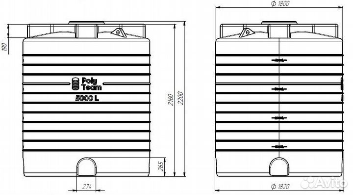 Вертикальная пластиковая емкость для воды 5000 л