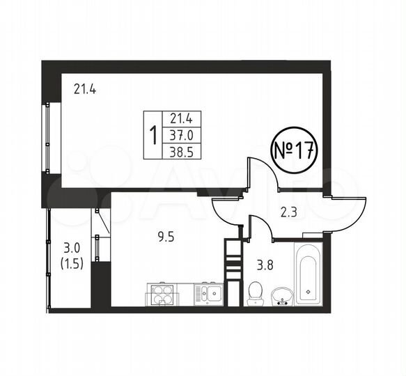 1-к. квартира, 38,5 м², 2/12 эт.