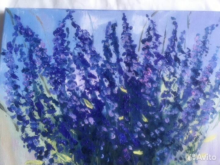 Картина маслом лаванда/ голубые цветы