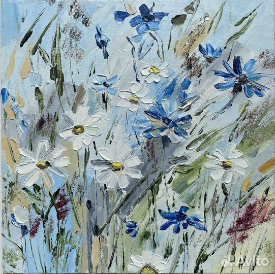 Картина маслом васильки ромашки