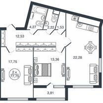 2-к. квартира, 77,8 м², 13/15 эт.